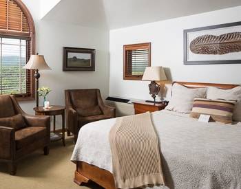 King bed with tan bedspread with striped throw pillows, two brown sitting chairs with a view of the mountains.